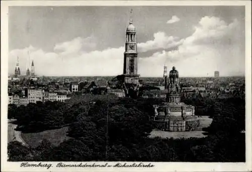 Ak Hamburg Mitte Altstadt, Bismarckdenkmal, Michaeliskirche, städtische Landschaft, Wolkenhimmel