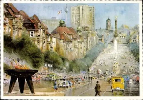 Künstler Ak Berlin Charlottenburg, Theodor-Heuß-Platz, Kaiserdamm, Siegessäule