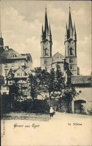 Ak Cheb Eger Reg. Karlsbad, St. Niklas, Kirche, Zwillingstürme