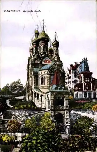 Ak Karlovy Vary Karlsbad Stadt, Ansicht der Russischen Kirche, Villenviertel Westend