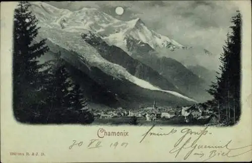 Ak Chamonix Mont Blanc Haute Savoie, Berglandschaft, Stadtansicht, schneebedeckte Berge
