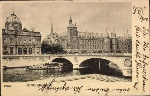 Ak Paris I Ile de la Cité, La Conciergerie, Schöne Brücke, Conciergerie, Boot auf dem Wasser, alt