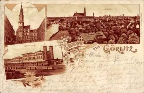 Ak Görlitz in der Lausitz, Ansicht des Untermarkts, Bahnhofs, Schriftzug 'Gruss aus Görlitz'