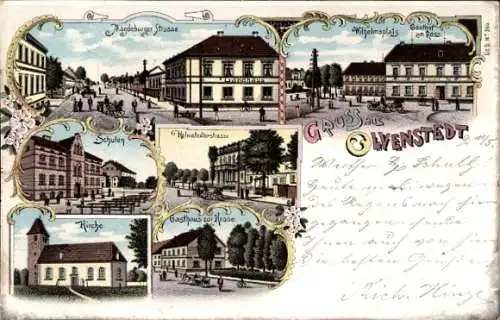 Litho Olvenstedt Magdeburg, Magdeburger Straße, Kirche, Schulen, Gasthaus zur Krone