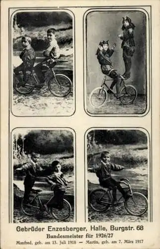 Ak Gebrüder Enzesberger, Manfred und Martin, Bundesmeister 1926/27, Fahrrad-Kunstfahrer