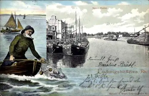 Passepartout Ak Ludwigshafen am Rhein, Neuer Hafen, Fischer