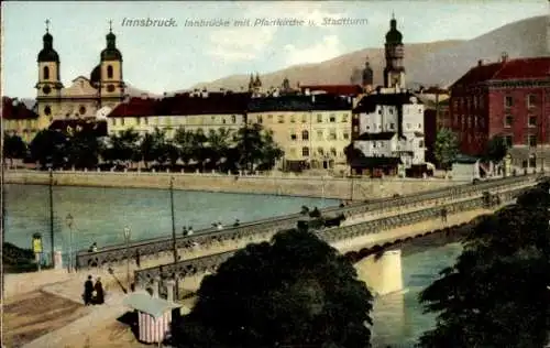 Ak Innsbruck Tirol, Patscherkofel,  Innbrücke, Pfarrkirche, Stadtturm