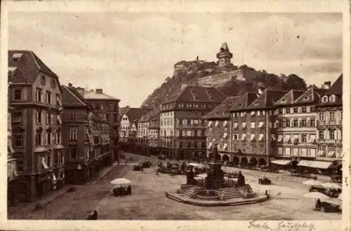 Ak Graz Steiermark, Hauptplatz  Gebäude, Brunnen, Stadtansicht,  Architektur