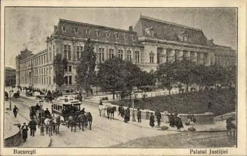 Ak București Bukarest Rumänien, Justizpalast, Pferdestraßenbahn