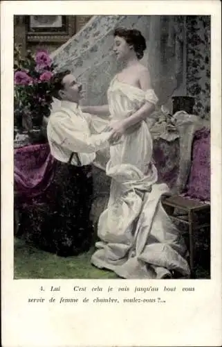 Ak Liebespaar, Frau in weißem Kleid, Kniender Mann