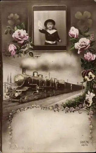 Ak Kind winkt zum Abschied, Eisenbahn, Blumen, Glücksklee