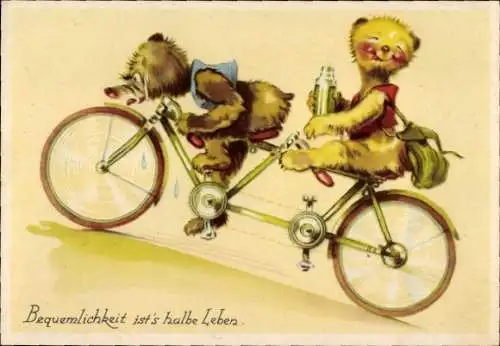 Ak Zwei Braunbären fahren Rad, Tandem