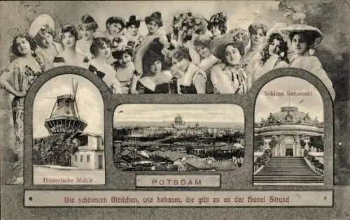 Ak Potsdam, Panorama, Schloss Sanssouci, Historische Mühle, Frauen Portraits