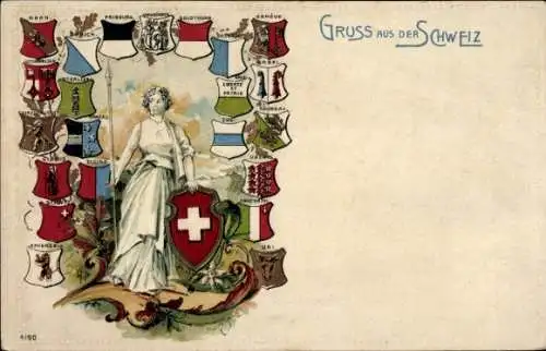 Präge Wappen Ak Schweiz, Kanton-Wappen, Kriegerin, Schutzschild