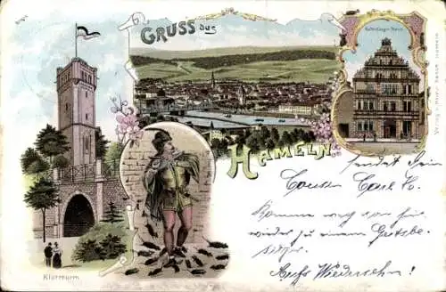 Litho Hameln an der Weser Niedersachsen, Rattenfänger, Turm