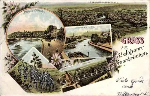 Litho St. Johann Saarbrücken im Saarland, Gesamtansicht, Alte Brücke