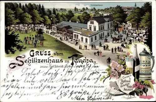 Litho Taucha in Nordsachsen, Gastwirtschaft Schützenhaus, Carl Schmidt, Parkanlagen