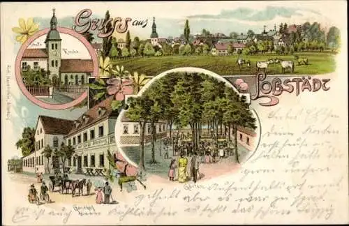 Litho Lobstädt Neukieritzsch in Sachsen, Schule, Kirche, Gasthof, Garten