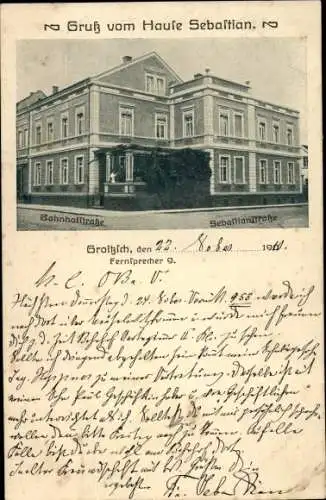 Ak Groitzsch in Sachsen, Haus Sebastian; Bahnhofstraße, Ecke Sebastianstraße