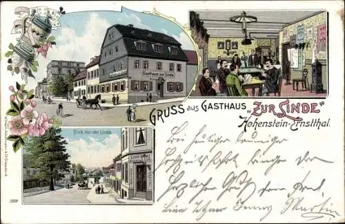 Litho Hohenstein Ernstthal in Sachsen, Gasthaus Zur Linde, Innenansicht, Straße