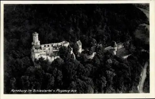 Ak Zagórze Śląskie Kynau Schlesien, Kynsburg, Luftaufnahme Kynsburg, Burg, Natur, Flugzeugaufnahm
