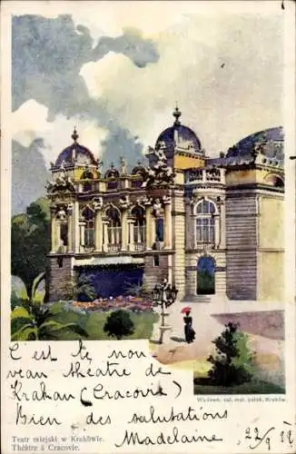 Künstler Ak Krakau Polen, Blick auf das Stadttheater, Park, Teatr miejski