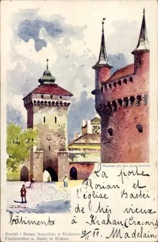 Künstler Ak Kraków Krakau Polen, Barbakan i Brama Floryanska