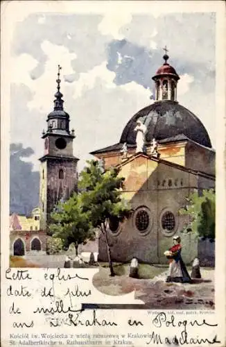 Künstler Ak Kraków Krakau Polen, St. Adalbertkirche, Rathausturm