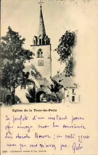 Ak Tour de Peilz Kt. Waadt, Kirche von Bäumen umrahmt