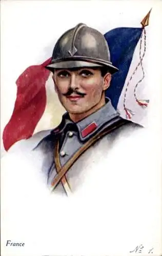 Künstler Ak Französischer Soldat in Uniform, Helm, Flagge