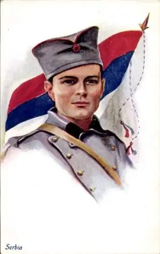 Künstler Ak Serbischer Soldat in Uniform, Mütze, Flagge