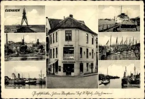 Ak Nordseebad Cuxhaven, Gaststätte Zum Seestern, Kugelbake, Krabbenfischer, Werft, Seebäderbrücke