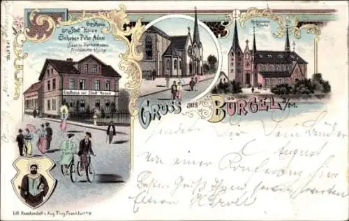 Litho Bürgel Offenbach am Main Hessen, Gasthaus Stadt Hanau, Inh. Peter Adam, Kirche