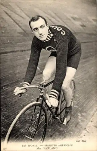 Ak Radrennsport, Radrennfahrer MacFarland, amerikanischer Sprinter, Radrennbahn