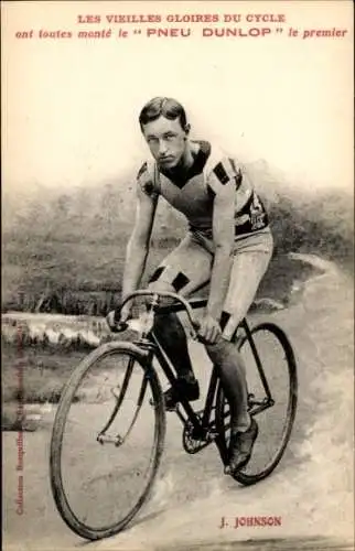 Ak Radrennsport, Radrennfahrer J. Johnson, Fahrrad, Reifen Dunlop