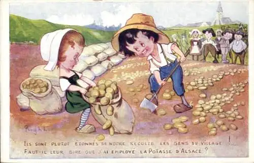 Künstler Ak Bauern Kartoffelernte, Werbung, Sels de Potasse d'Alsace