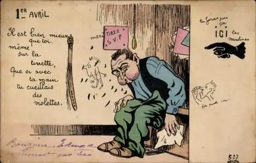 Ak 1. April, Mann auf der Toilette