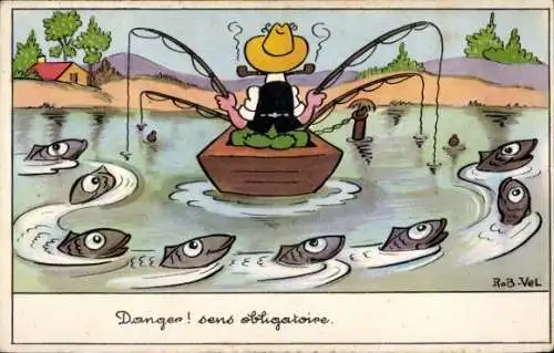 Künstler Ak Angler im Ruderboot, Angelrute, Fliehende Fische