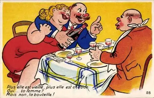 Ak Ehepaar am Tisch, Restaurant, Betrunkener Mann, Weinflasche, Humor