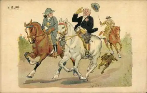 Künstler Ak Menschen zu Pferden, Mann hat seinen Hut verloren, Ausritt