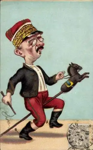 Ak Mann reitet auf Spielzeug-Pferd, Hut, Brille, Kitsch