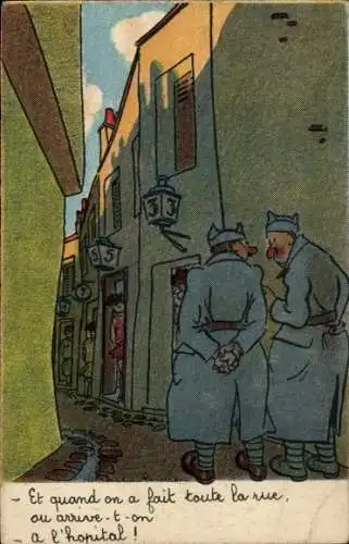 Ak Paris I Louvre, Soldaten gehen an Hausfassade entlang, im Hintergrund ein Krankenhaus.