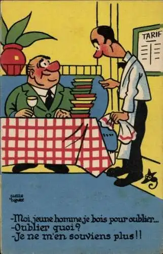 Künstler Ak Mann im Restaurant, Kellner, Teller, Humor