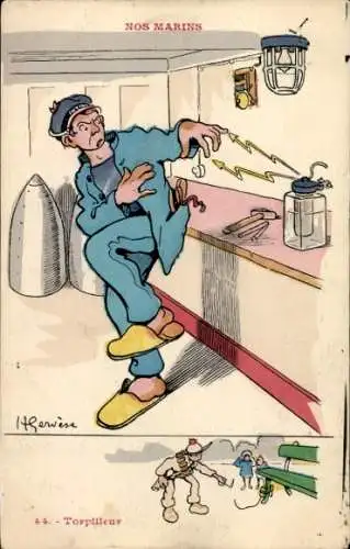 Ak Französischer Marinesoldat, Kriegsschiff, Behälter mit Wasser, Hammer, Tollpatschiger Mann