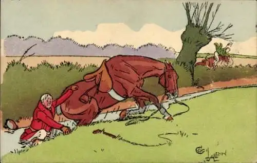 Künstler Ak Pferd und Jockey kommen aus dem Wasser