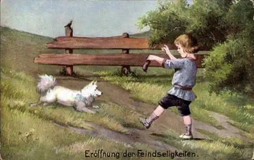 Ak Eröffnung der Feindseligkeiten, Kind spielt mit Hund