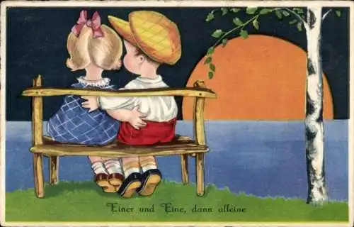 Künstler Ak Einer und Eine, dann alleine, Sonnenuntergang