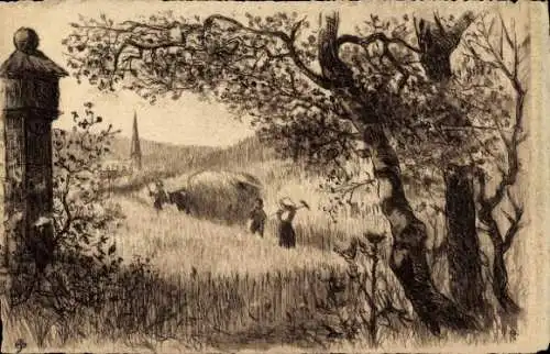 Künstler Litho Landwirtschaft, Heuernte, Fuhrwerk, Bauern