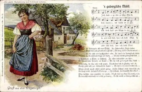Lied Ak Erzgebirge, 's gebergische Mädl, Junge Frau in Tracht