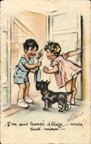 Künstler Ak Bouret, Germaine, Junge überreicht Mädchen eine Blume, Terrier